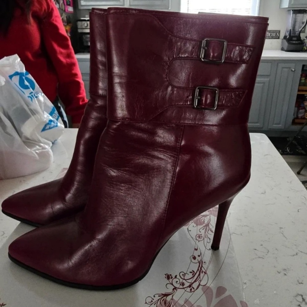 Zara Burgundy Leather Pointed-Toe Ankle Boots with Buckles
